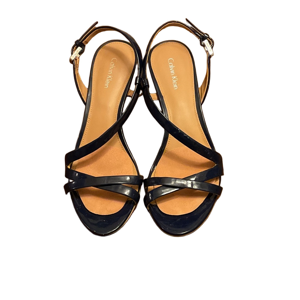 Calvin Klein Women's Dark Blue Strappy Sling Back patent Leather Sandals